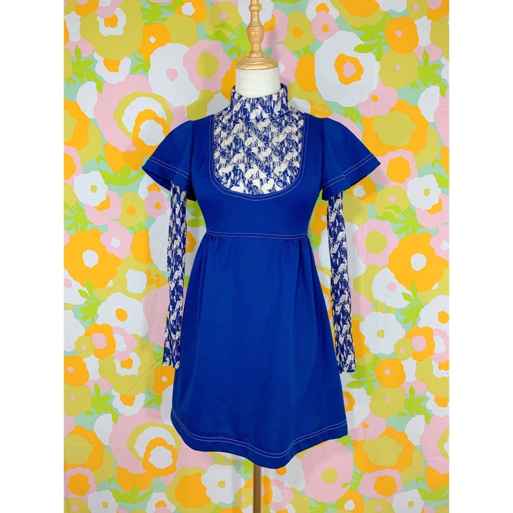 SOLD 60s 70s CATS Blue Baby Doll Mini GoGo Dress - Picture 2 of 4